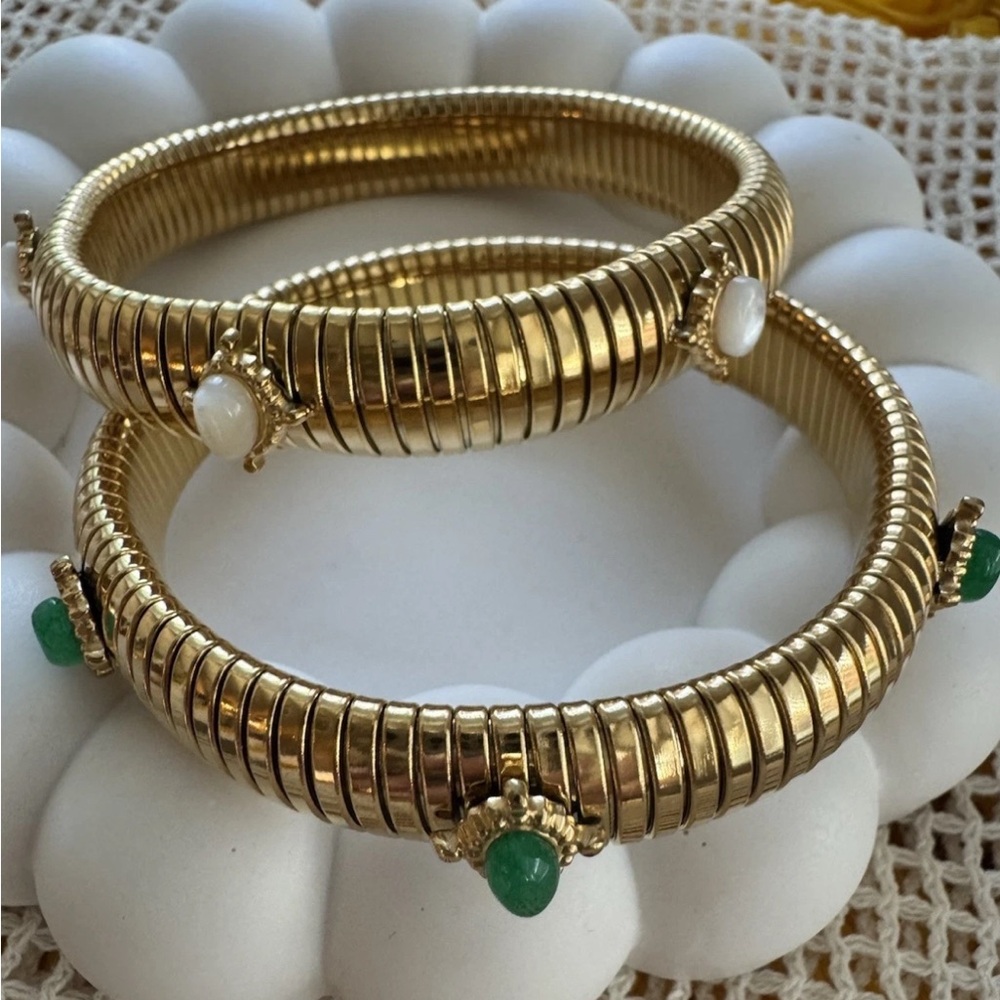 ✨ Kimono Dragon NYC Gold Tone Omega Bracelets Set (MOP & Green Resin) ✨